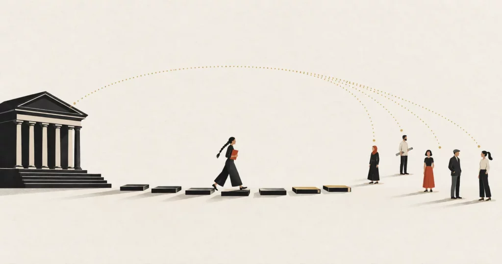 Flat illustration of a stepping-stone path crossing a wide gap between an institutional building and scattered individual learners, with a gold signal arc above, showing how an online qualification made professional training reachable worldwide.