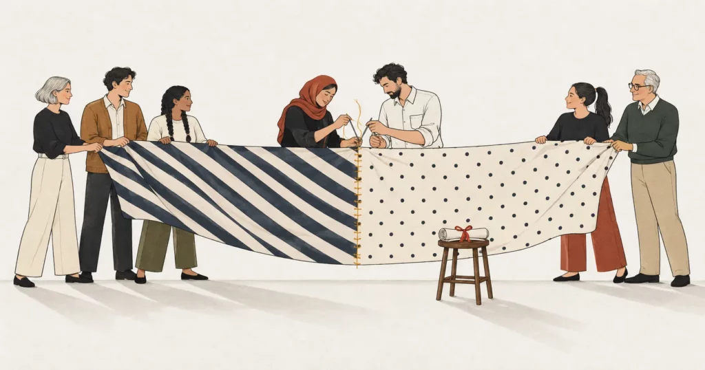 Two teams stitching a striped cloth and a dotted cloth together with a gold seam, illustrating merging two cultures into one blueprint.