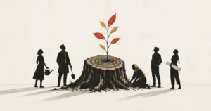 Flat illustration of an old tree stump with visible growth rings and a fresh young shoot rising from it, tended by a mixed group of people, showing a legacy brand renewed and regaining market share.
