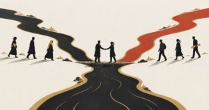 Flat illustration of two rivers, one dark and one red, merging into a single wider river with gold banks, while people from each bank meet at the join, showing two competing businesses becoming one shared culture.