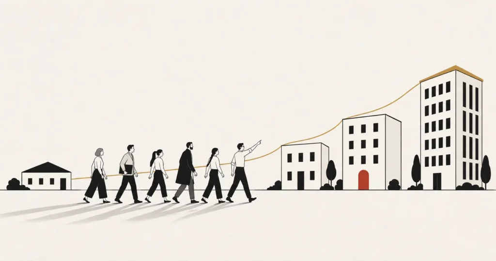 Flat illustration of a small building growing into a taller, stepped group of buildings, linked by a gold line, with a mixed group of people walking towards them, showing a consultancy's transformation from stall to scale.