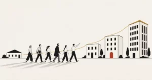 Flat illustration of a small building growing into a taller, stepped group of buildings, linked by a gold line, with a mixed group of people walking towards them, showing a consultancy's transformation from stall to scale.