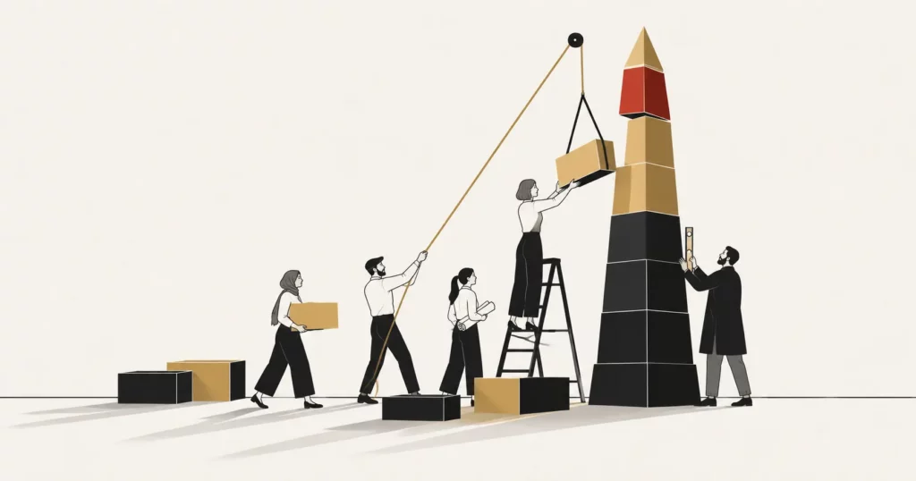 Flat illustration of an obelisk being built block by block by a small mixed team, with the top blocks still being placed, showing a learning platform built from a standing start into a market leader.