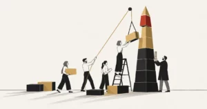 Flat illustration of an obelisk being built block by block by a small mixed team, with the top blocks still being placed, showing a learning platform built from a standing start into a market leader.