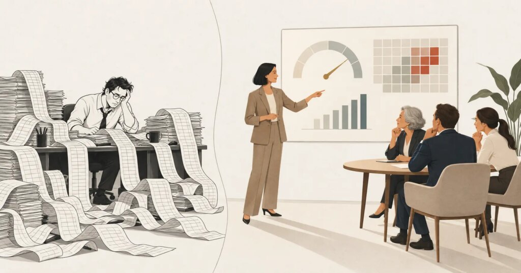 A consultant presenting a risk dashboard to a board while a man sits buried under paper spreadsheets, illustrating data-driven compliance risk management.