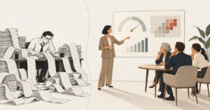 A consultant presenting a risk dashboard to a board while a man sits buried under paper spreadsheets, illustrating data-driven compliance risk management.