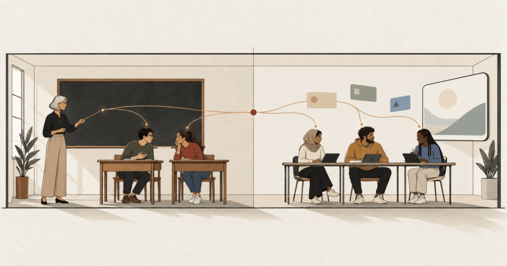 A classroom blending into a digital learning space joined by a single thread, illustrating blended learning and rebuilding the training solution.