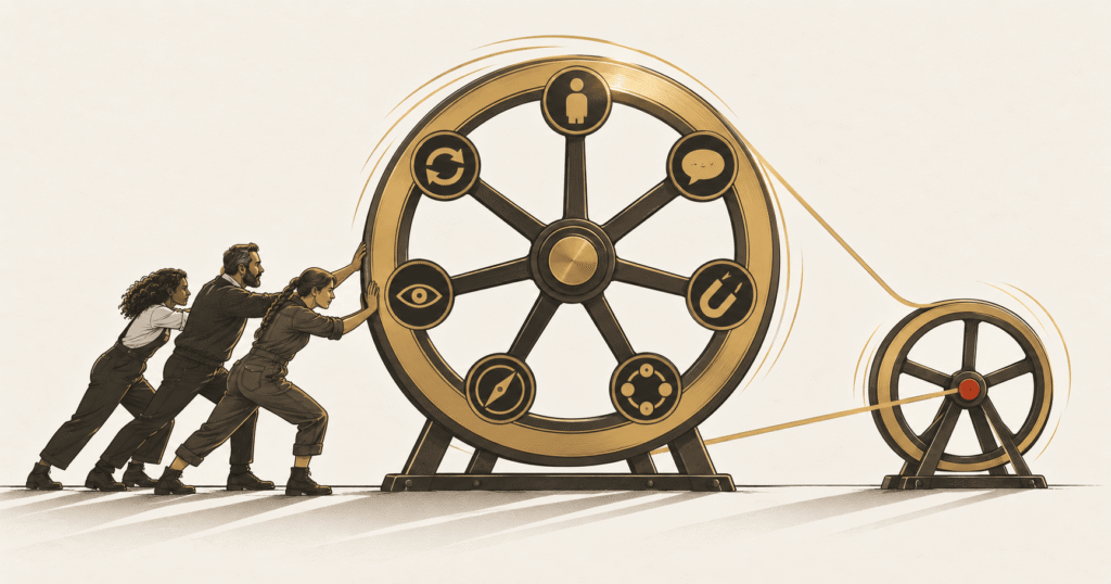 Three people pushing a heavy flywheel gathering momentum beside a second wheel starting to turn, illustrating the Lead Gen Flywheel.