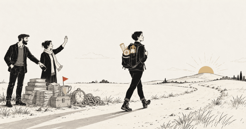 A woman setting off with three things in her rucksack beside a pile of six items left on the path, illustrating ruthless prioritisation.