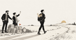 A woman setting off with three things in her rucksack beside a pile of six items left on the path, illustrating ruthless prioritisation.