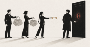 Two sellers offering rings of generic keys and one offering a single key cut to fit the buyer's lock, illustrating issue-led positioning over price.