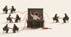 A woman patching every call through an old switchboard while one pair talks directly, illustrating a founder who is still in every sales conversation.