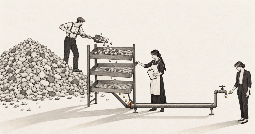 A heap of raw pebbles sorted through three sieves with a few gold ones reaching a clean pipe, illustrating a prospecting list tiered before it feeds the pipeline.