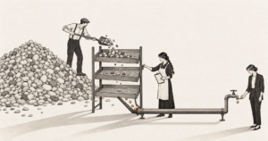 A heap of raw pebbles sorted through three sieves with a few gold ones reaching a clean pipe, illustrating a prospecting list tiered before it feeds the pipeline.