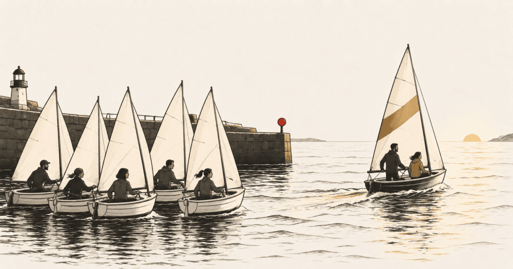 One distinctive boat sailing out of a crowded harbour of identical boats, illustrating how to escape the Comparison Trap.