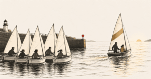 One distinctive boat sailing out of a crowded harbour of identical boats, illustrating how to escape the Comparison Trap.