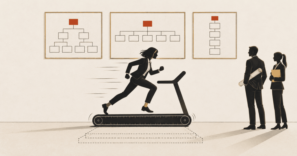 A woman running on a treadmill in front of three different org charts that all keep the same box at the top, illustrating the transformation treadmill.