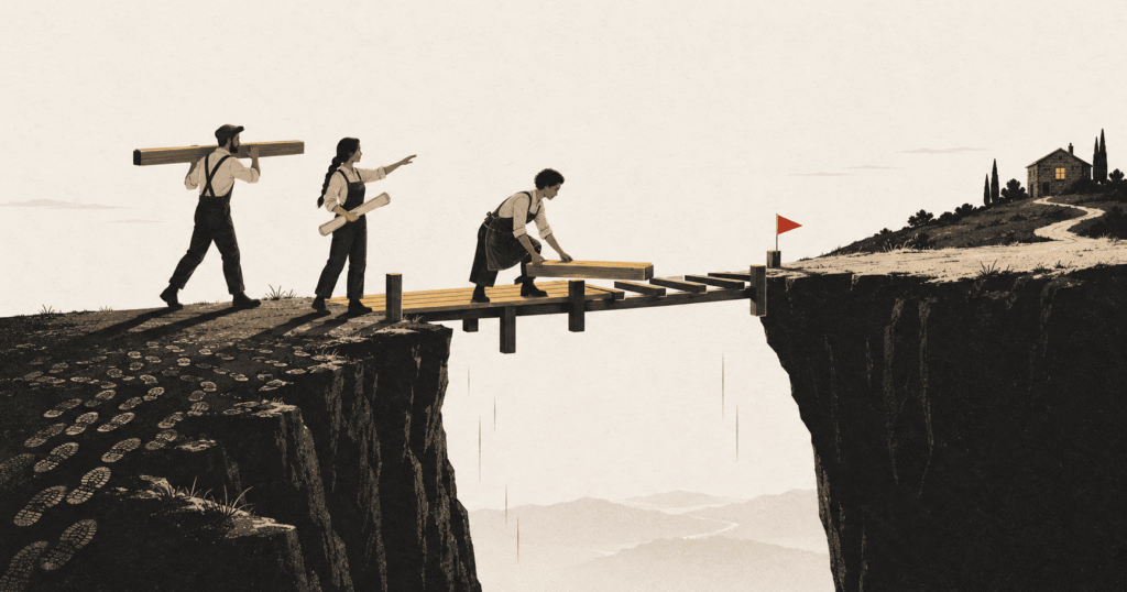 A team building a bridge across the gap between two ledges, illustrating the step from Plateau 3 to Plateau 4 and why stalled growth needs infrastructure.