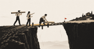 A team building a bridge across the gap between two ledges, illustrating the step from Plateau 3 to Plateau 4 and why stalled growth needs infrastructure.