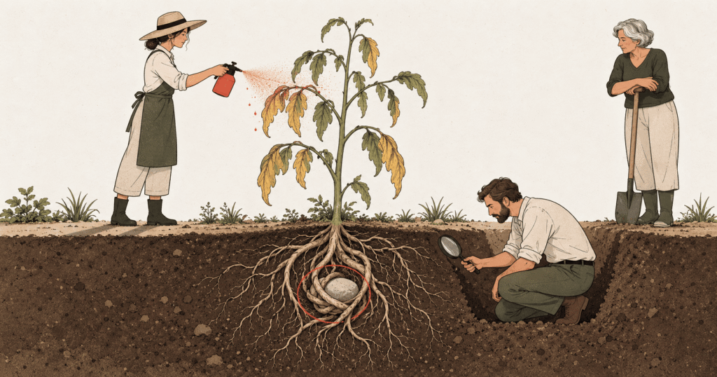 A gardener spraying wilting leaves while the real cause sits at the roots below, illustrating treating the wrong commercial problem.