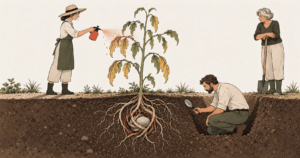 A gardener spraying wilting leaves while the real cause sits at the roots below, illustrating treating the wrong commercial problem.