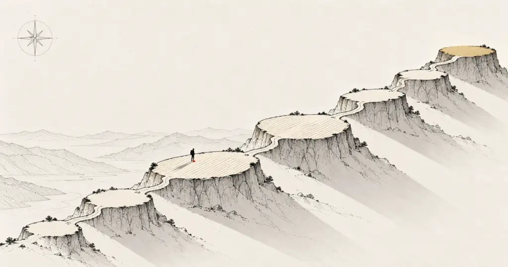 A contour map of seven plateaus with one figure standing on the third, illustrating the 7 Plateaus framework for founder-led businesses.