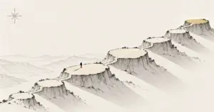 A contour map of seven plateaus with one figure standing on the third, illustrating the 7 Plateaus framework for founder-led businesses.