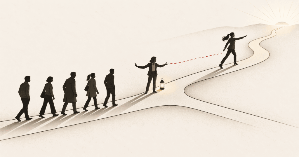 A woman founder turning onto a new path while her team keeps walking the old way, with a partner bridging the gap, illustrating the silent pivot.