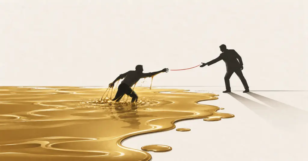 A figure wading through thick golden treacle with a partner on firm ground reaching out a hand, illustrating the treacle feeling as a sign of success.