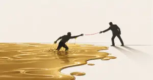 A figure wading through thick golden treacle with a partner on firm ground reaching out a hand, illustrating the treacle feeling as a sign of success.