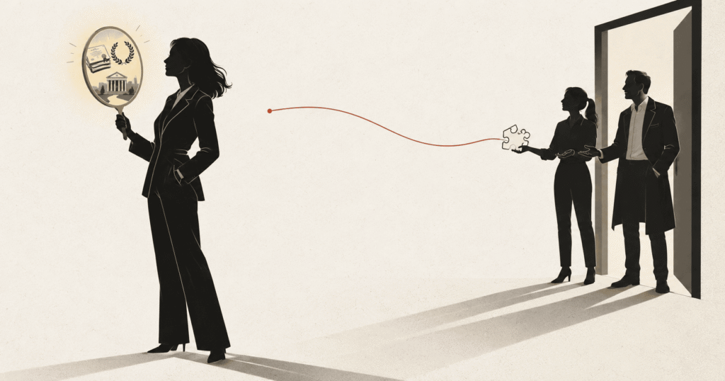 A woman founder admiring her credentials in a hand mirror with her back to two buyers waiting, illustrating the Mirror Trap in positioning.
