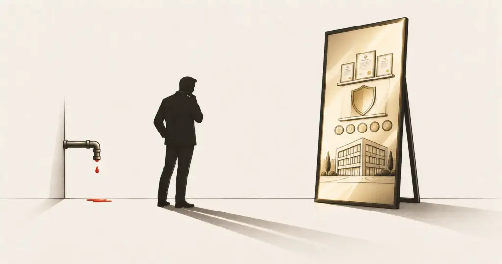 A buyer with a leaking pipe looking into a mirror that shows only the seller's credentials, illustrating the Mirror Trap in a proposition.