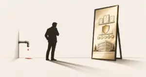 A buyer with a leaking pipe looking into a mirror that shows only the seller's credentials, illustrating the Mirror Trap in a proposition.