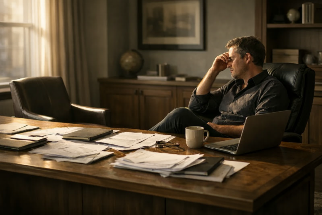 Man sat in office missing a number 2. The chair next to him is empty.