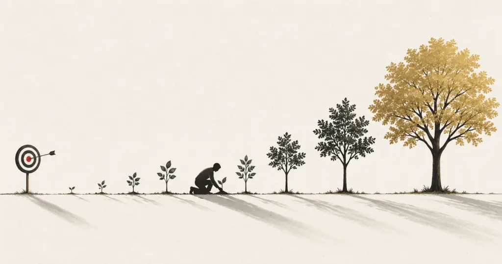 A small target beside a long row of growing trees tended by a figure, illustrating commercial thinking beyond a sales target.