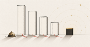 A row of ranked bars where the tallest are hollow and only the shortest is solid, illustrating a leaderboard that misled.