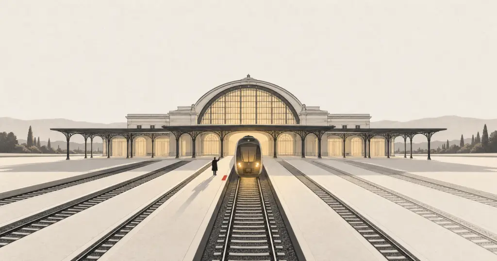 A train arriving at the third of seven tracks where a figure waits, illustrating the right moment to hire a commercial director.