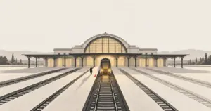 A train arriving at the third of seven tracks where a figure waits, illustrating the right moment to hire a commercial director.