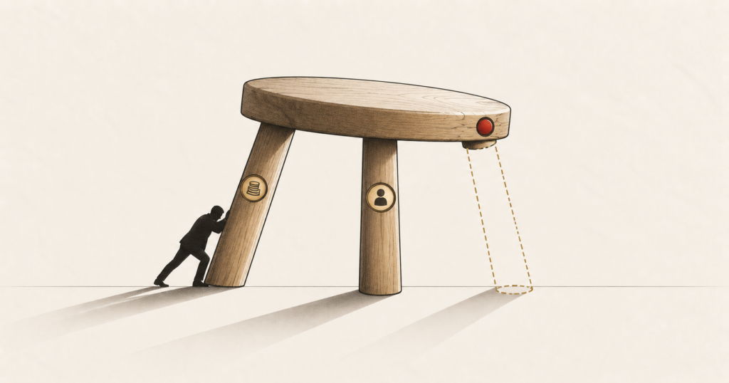 A three-legged stool with one leg missing and a figure bracing it, illustrating the empty commercial number two beside the accountant.