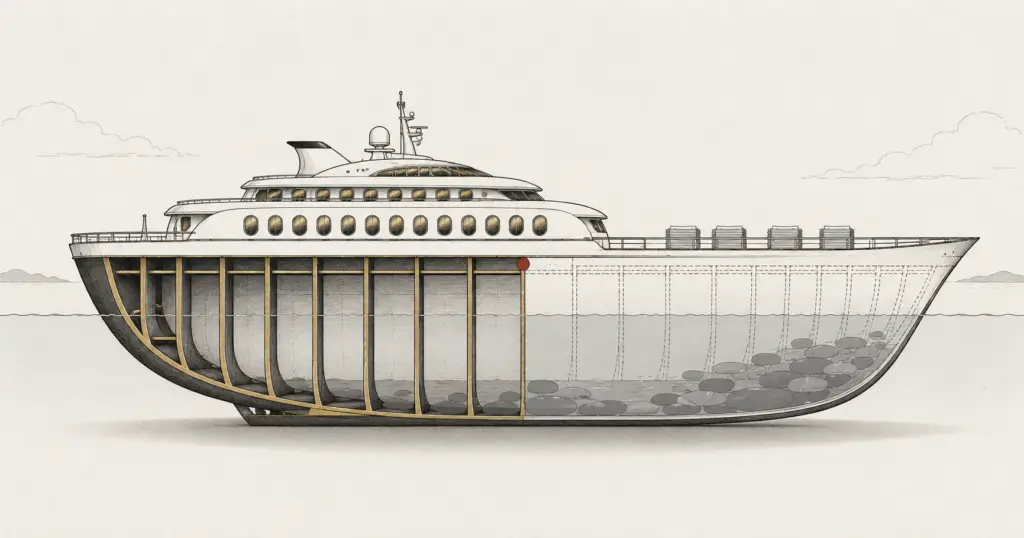 A ship cutaway with polished decks above and stagnant bilge water below a half-built frame, illustrating AI bilge when commercial architecture is missing.