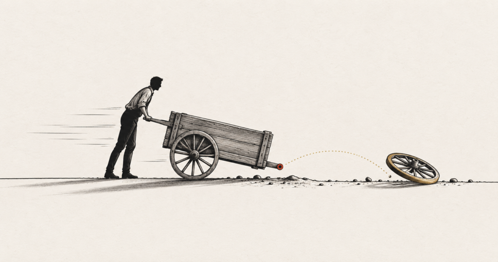 A cart that has lost an intact wheel after being pushed too fast, illustrating what failure tells a founder about the road and the pace.
