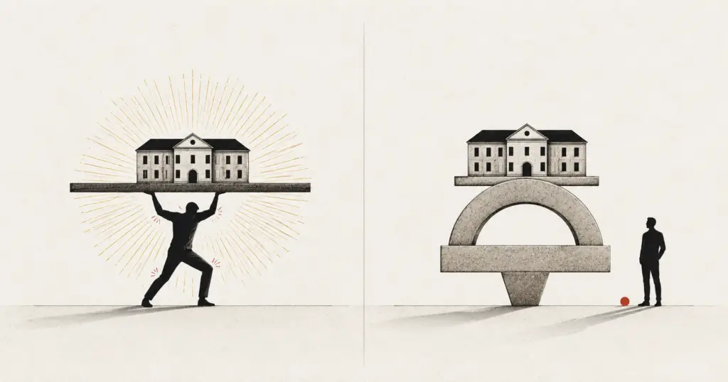 A figure holding a building up alone beside the same building resting on three layers of architecture, illustrating the founder effect and the architecture that fixes it.