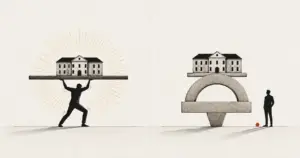 A figure holding a building up alone beside the same building resting on three layers of architecture, illustrating the founder effect and the architecture that fixes it.