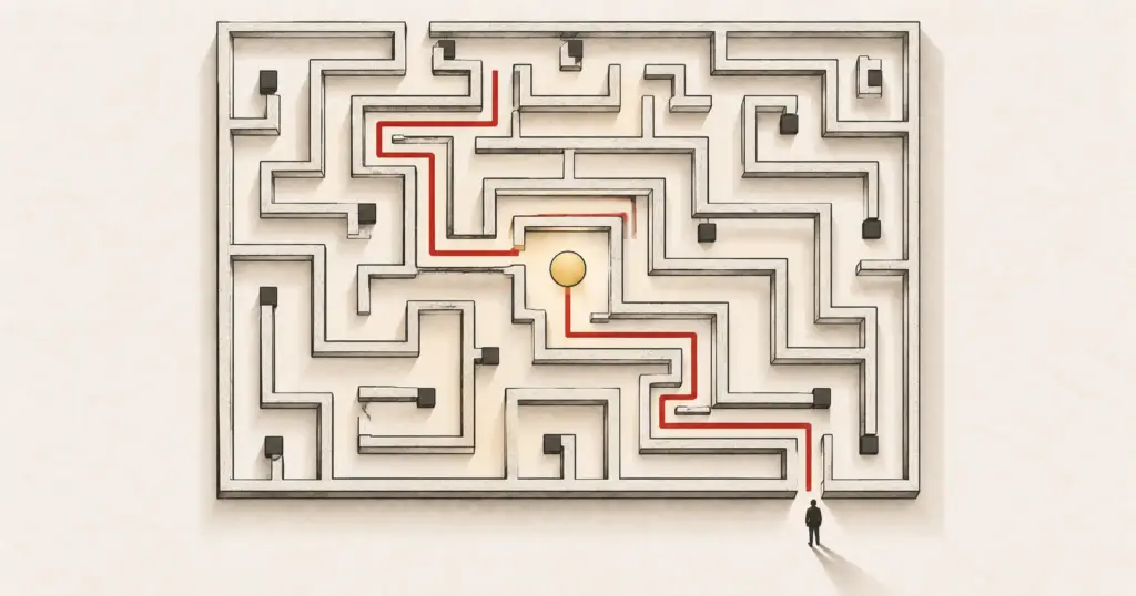 A maze with a route traced backwards from a glowing goal at its centre, illustrating starting at the end goal to solve the leadership maze.