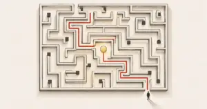 A maze with a route traced backwards from a glowing goal at its centre, illustrating starting at the end goal to solve the leadership maze.