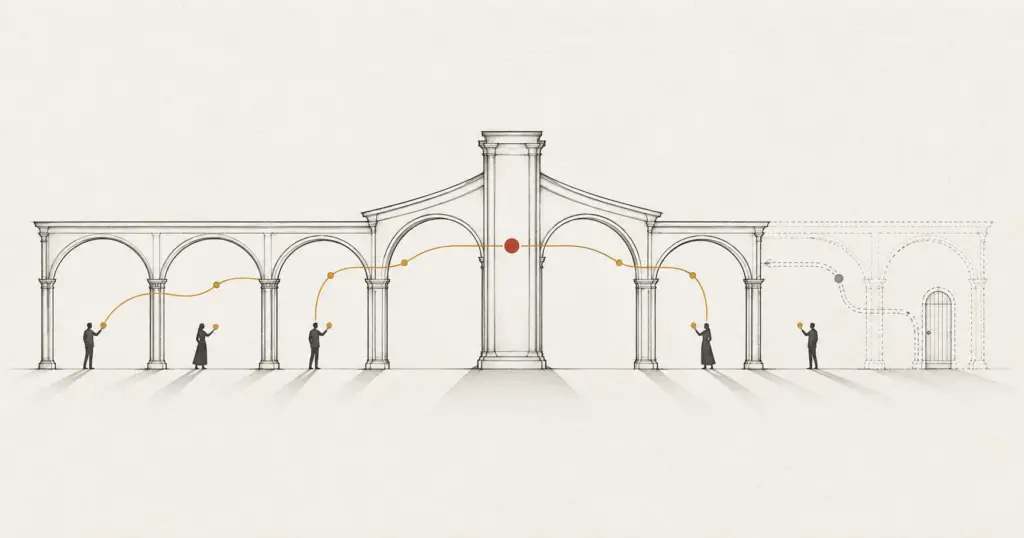 An open architectural frame with decisions flowing freely to figures at each bay, illustrating trust as an architecture rather than a value.