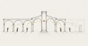 An open architectural frame with decisions flowing freely to figures at each bay, illustrating trust as an architecture rather than a value.