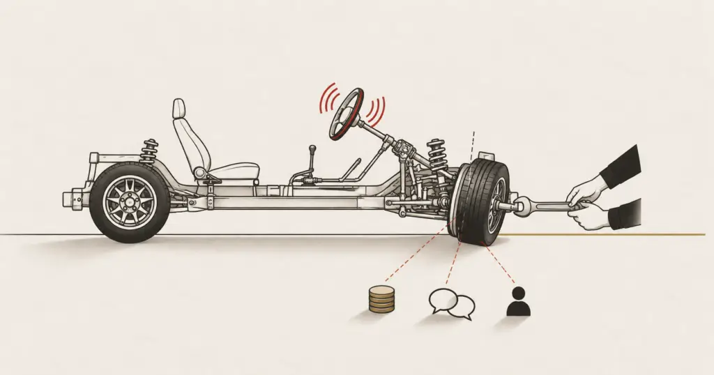 A shaking steering wheel with a misaligned wheel beneath it, illustrating that a commercial symptom is not the root cause.