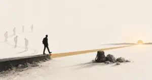 A figure stepping forward off a kerb past a rucksack set down on the ground, illustrating two questions that get founders unstuck.