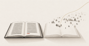 Two ledgers side by side, one tidy and visible, the other faint but rippling outwards into a community, illustrating hidden long-term value.